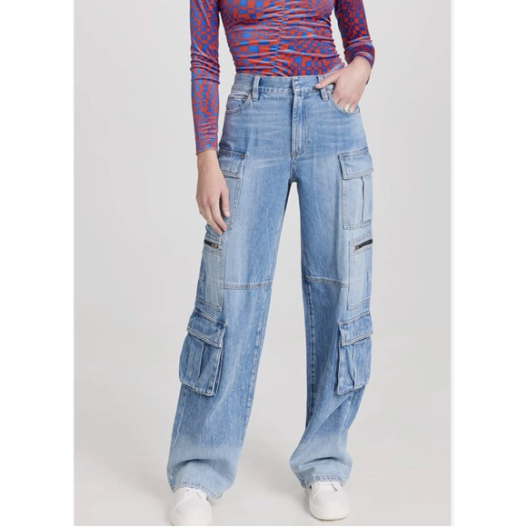 ALICE + OLIVIA Cay Baggy Denim Cargo Jeans in Brea Blue Wash Size 31 - Picture 1 of 8